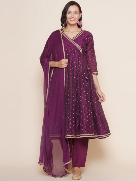 Bhama Couture Women Purple Ethnic Motifs Printed Angrakha Gotta Patti Chanderi Silk Kurta with Trousers &