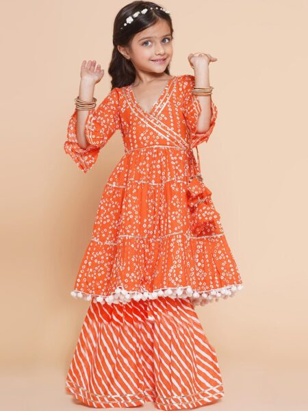 Bitiya by Bhama Girls Bandhani Printed Angrakha Gotta Patti Pure Cotton Kurta with Sharara