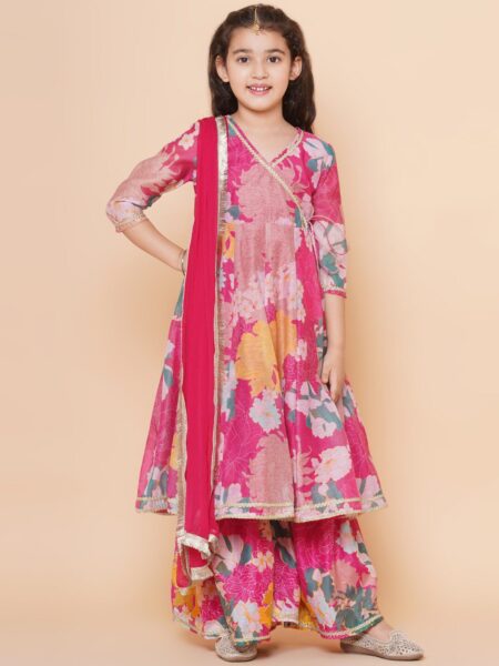 Bitiya by Bhama Girls Pink Floral Printed Angrakha Gotta Patti Kurta with Sharara & With Dupatta