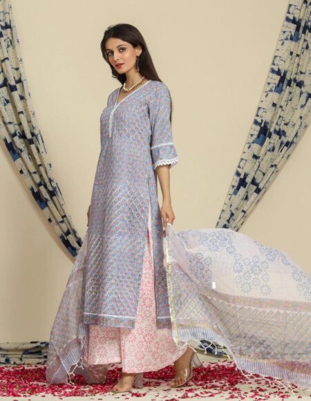 Blue Buti Print Cotton Suit Set with Kota Doria Dupatta