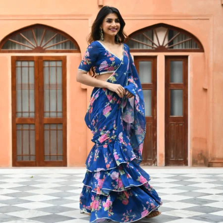 Blue Floral Fusion Saree