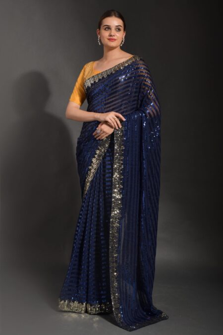 Blue Georgette Sequence Embroidery Bollywood Saree With Blouse Piece