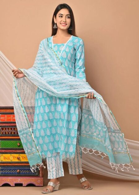 Blue Horizon Hand Block Printed Cotton Suit Set