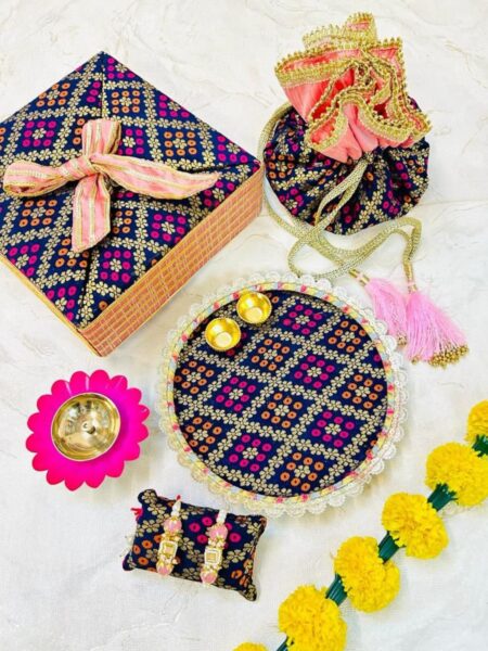 Brocade Rakhi Box Hamper - Blue