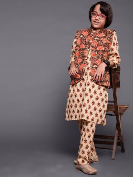 Brown Floral Print Kurta Pyjama With Nehru Jacket
