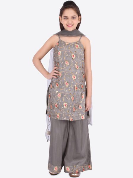 CUTECUMBER Girls Grey Floral Embroidered Regular Sequinned Kurti with Palazzos & With Dupatta