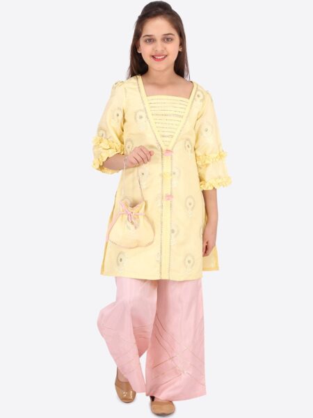 CUTECUMBER Girls Yellow Printed Regular Kurti with Trousers