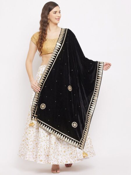 Clora Creation Black & Gold Ethnic Motifs Embroidered Velvet Dupatta with Gotta Patti