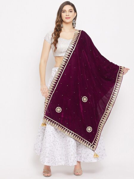 Clora Creation Burgundy & Gold-Toned Ethnic Motifs Embroidered Velvet Dupatta with Gotta Patti