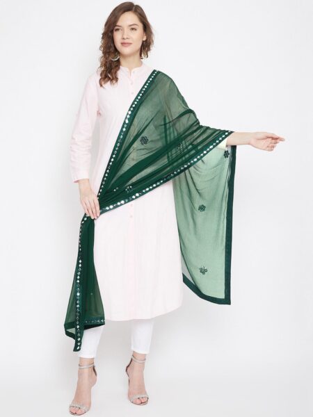 Clora Creation Green & Silver-Toned Solid Mirror Ornamented Dupatta