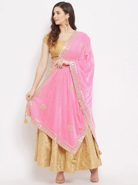 Clora Creation Pink & Gold-Toned Embroidered Velvet Dupatta with Beads and Stones