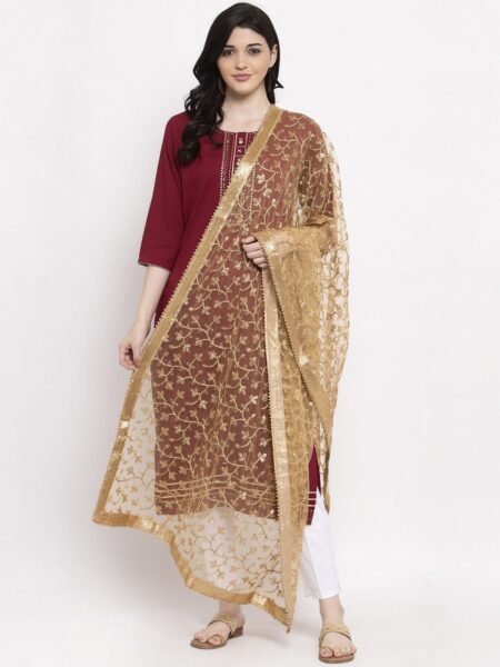 Clora Creation Women Gold-Coloured Embroidered Net Dupatta