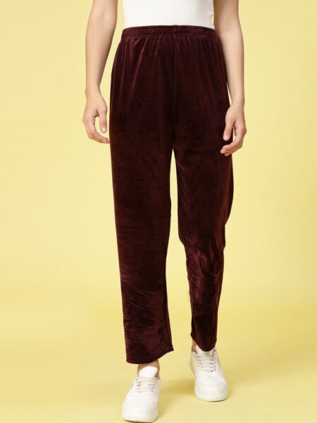 Clora Creation Women Straight Fit Mid-Rise Velvet Trouser