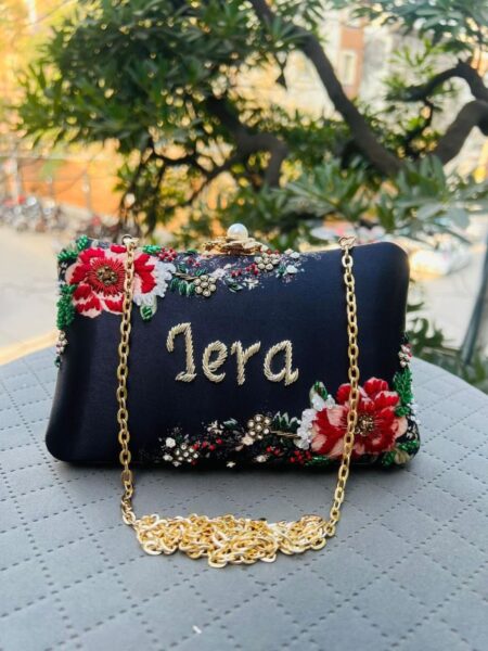 Designer Printed Embroidery Name Customised Clutch - Black