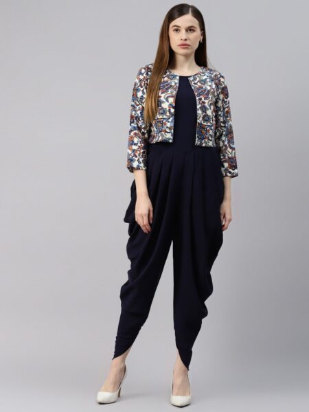 Cottinfab Navy Blue Solid Dhoti Style Jumpsuite With Jacket