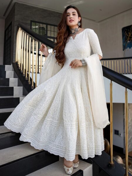 Cotton Chikankari Work Gown Dupatta