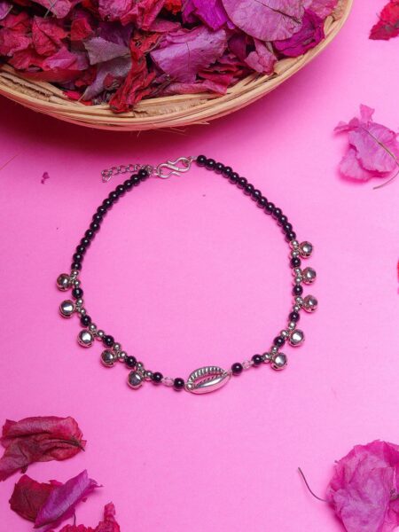 DIVA WALK Silver-Plated & Black Beaded Anklet
