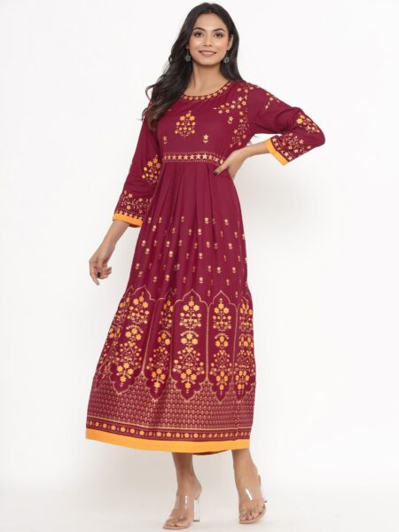 DIVYANK Women Burgundy Ethnic Motifs Printed Anarkali Kurta