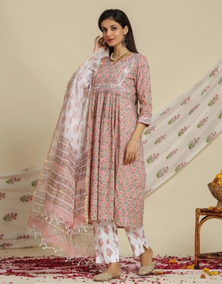 Designer Hand Block Print Cotton Suit Set with Kota Doria Dupatta