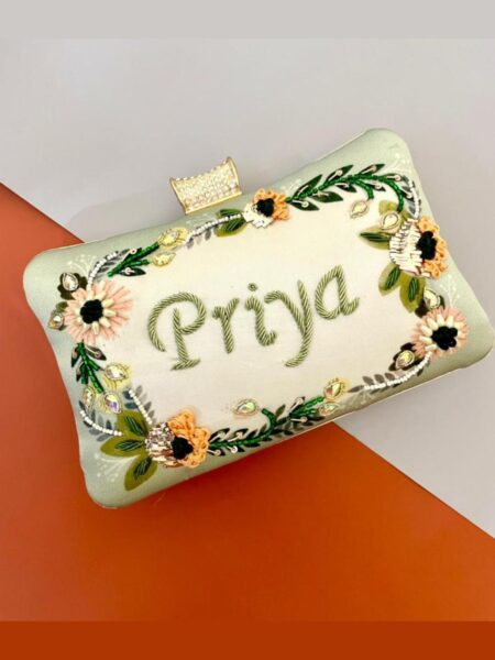 Designer Printed Embroidery Name Customization Clutch