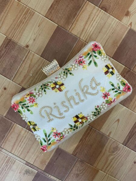 Designer Printed Embroidery Name Customization Clutch