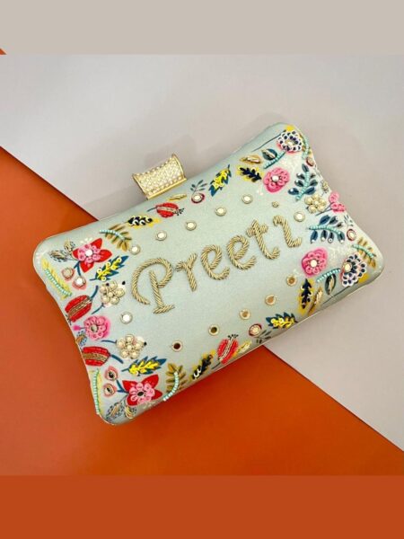 Designer Printed Embroidery Name Customization Clutch