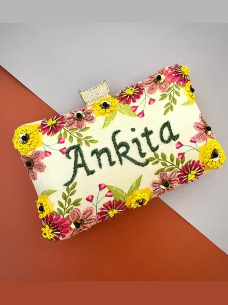 Designer Printed Embroidery Name Customization Clutch