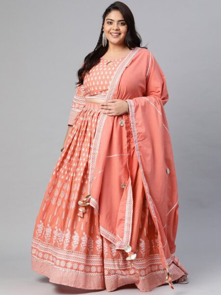 Divena Plus Size Peach-Coloured Printed Ready to Wear Lehenga & Blouse with Dupatta