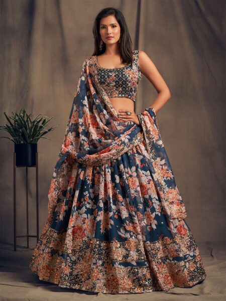 Blue Lehenga for Wedding - Floral Embroidered Shibori Design