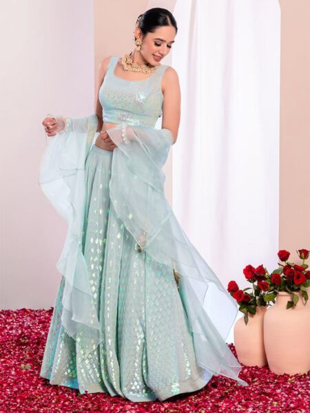 FABPIXEL Embroidered Sequinned Semi-Stitched Georgette Lehenga Choli With Dupatta