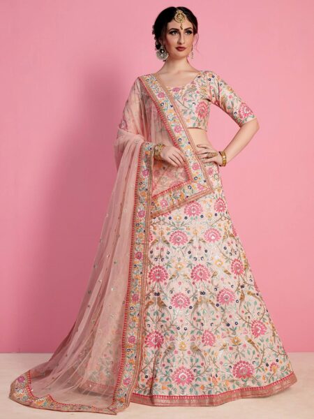 FABPIXEL Floral Embroidered Semi-Stitched Lehenga & Unstitched Blouse With Dupatta