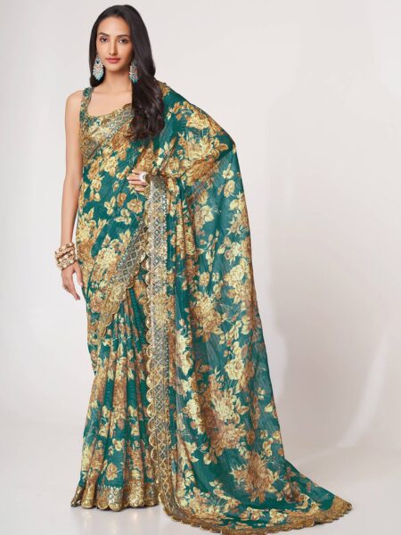 FABPIXEL Floral Printed Organza Saree