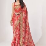 FABPIXEL Floral Printed Organza Saree