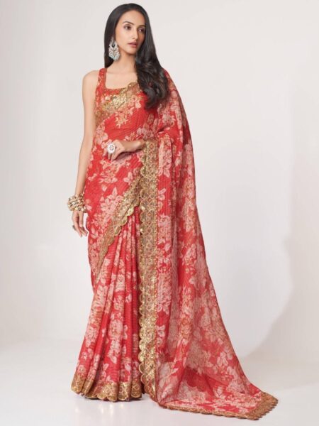 FABPIXEL Floral Printed Organza Saree