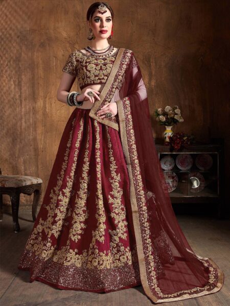 FABPIXEL Maroon & Gold-Toned Embroidered Semi-Stitched Lehenga Choli