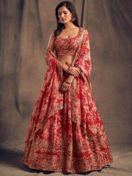 Red & Gold Embroidered Shibori Semi-Stitched Lehenga with Unstitched Blouse