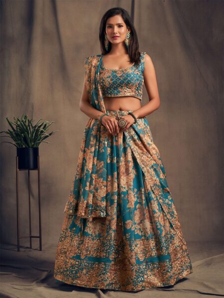 Teal and Gold Embroidered Shibori Semi-Stitched Lehenga with Unstitched Blouse