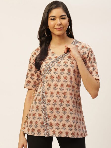 FABRIC FITOOR Peach-Coloured & Black Printed Pure Cotton Wrap Top