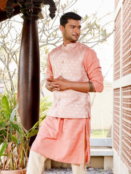 FILORI Woven Designed Mandarin Collar Nehru Jacket