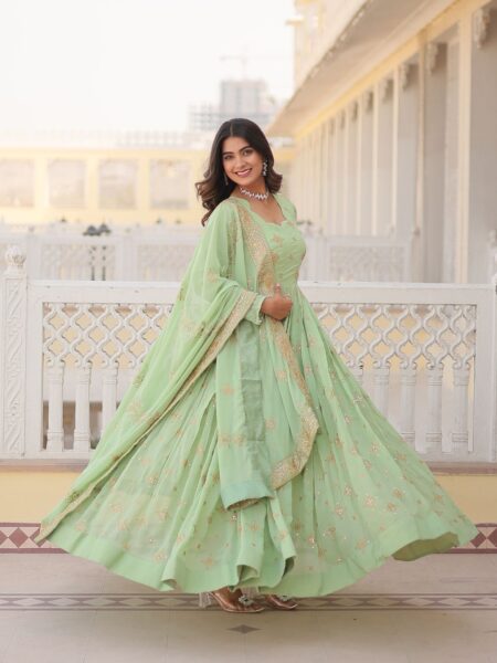Faux Georgette Zari & Sequins Embroidered Green Gown with Dupatta