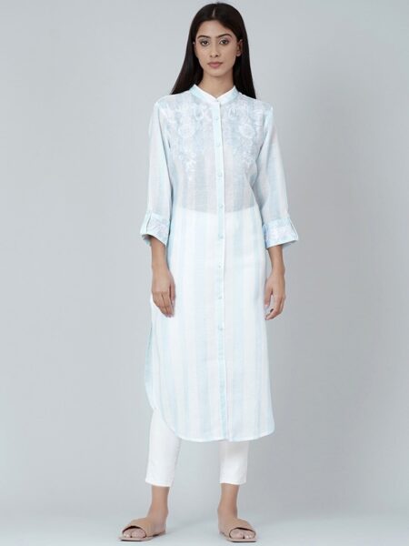 First Resort by Ramola Bachchan Floral Embroidered Roll-Up Sleeves Linen Kurta