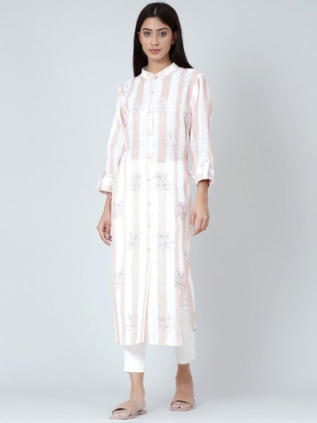First Resort by Ramola Bachchan Striped Thread Work Roll-Up Sleeves Linen Kurta