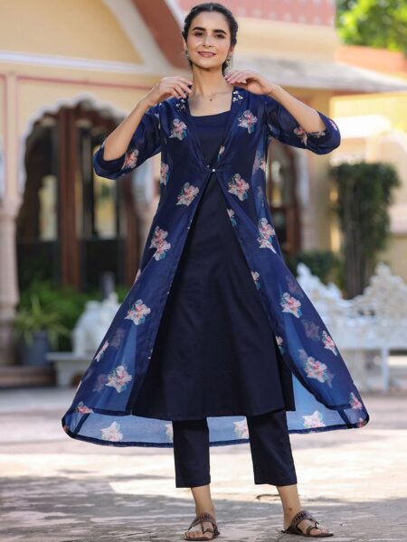 GILLORI A-Line Chanderi Cotton Kurta with Trousers & Jacket