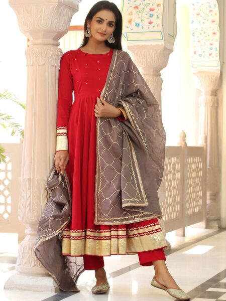GILLORI Embellished Gotta Patti Pure Cotton Anarkali Kurta & Trousers With Dupatta