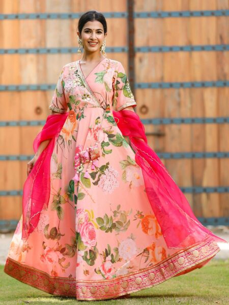 GILLORI Floral Printed Angrakha Cotton Chanderi Pattern Ethnic Dress With Dupatta