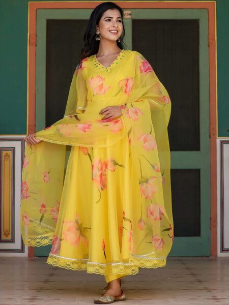 GILLORI Floral Printed Bead Work Organza Kurta with Trousers & Dupatta