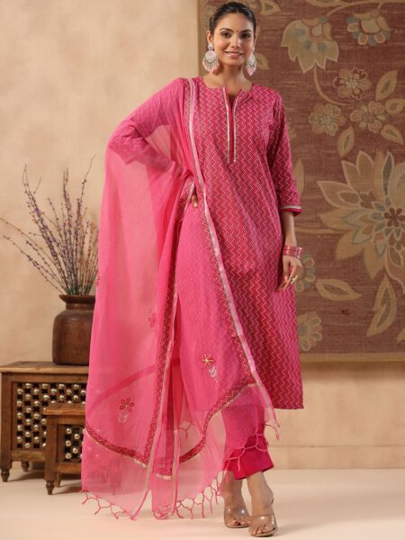 GILLORI Geometric Printed Sequinned Pure Cotton Kurta With Trouser & Dupatta