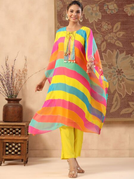 GILLORI Georgette Colourblocked Tie Up Neck Gotta Patti Kurta with Trousers