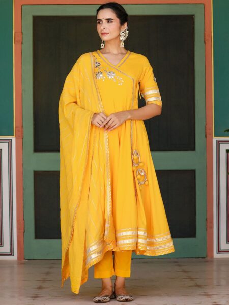 GILLORI Gotta Patti Angrakha Pure Cotton Kurta With Trousers & Dupatta