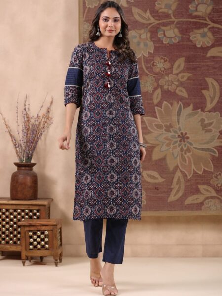 GILLORI Indigo Printed Regular Pure Cotton Kurta with Trousers